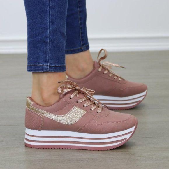 Glittery Pink & White Chunky Platform Sneakers - Picture 4 of 8